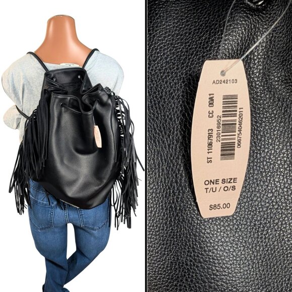 Victoria Secret NWT Black Faux Leather Drawstring Bucket Bag Backpack Tassels - Picture 7 of 7
